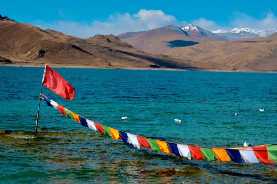 Prayer flags by a high lake